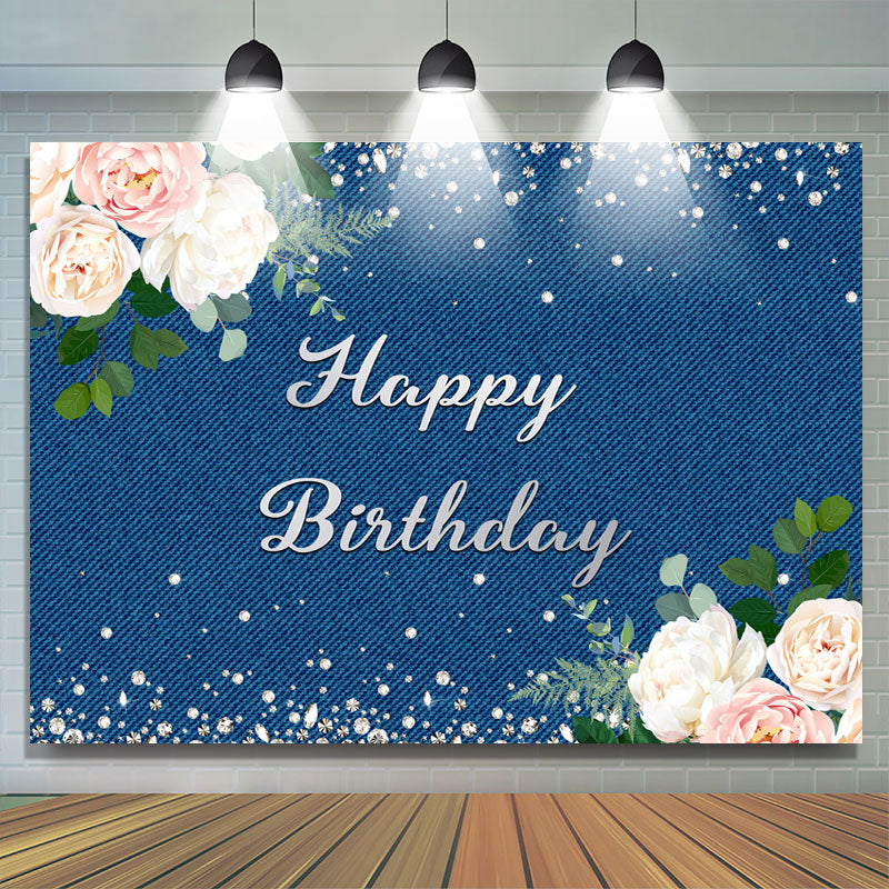 Lofaris Floral Diamond Glitter Blue Birthday Party Backdrop