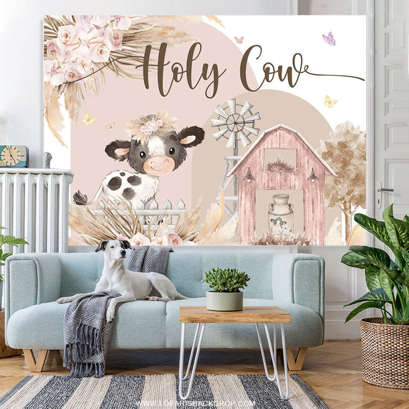 Lofaris Floral Farm Holy Cow Cute Happy Birthday Backdrop