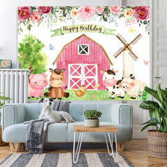 Lofaris Floral Farm With Cute Animals Happy Birthday Backdrop