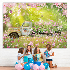 Lofaris Floral Garden And Truck With Butterfly Spring Backdrop