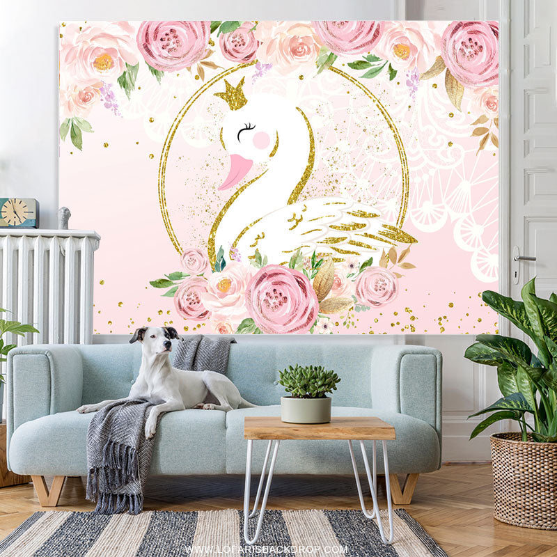 Lofaris Floral Glitter And Pink Swan Happy Birthday Backdrop