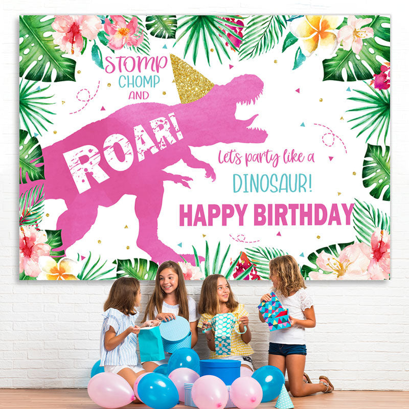 Lofaris Floral Glitter Dinosaur Theme Happy Birthday Backdrop