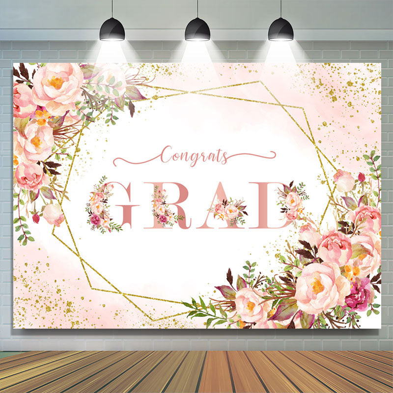 Lofaris Floral Glitter Gold Congrats Grad Backdrop For Girl