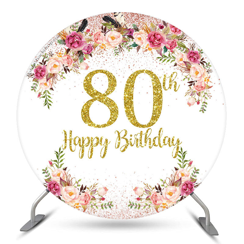 Lofaris Floral Glitter Happy 80th Birthday Round Backdrop