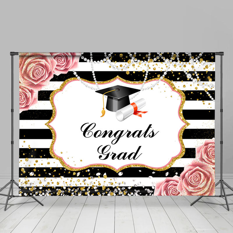 Lofaris Floral Glitter Stripes Congrats Grad Graduation Bachelor Cap Backdrop
