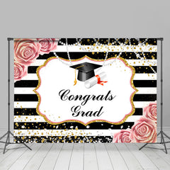 Lofaris Floral Glitter Stripes Congrats Grad Graduation Bachelor Cap Backdrop
