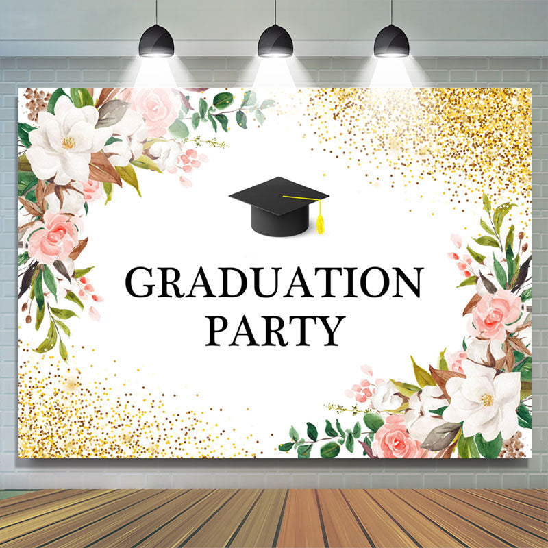 Lofaris Floral Gold Glitter Cap Graduation Party Backdrop