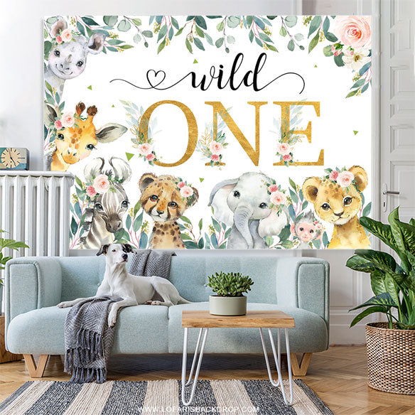 Lofaris Floral Leaf Wild Animals Happy 1st Birthday Backdrop