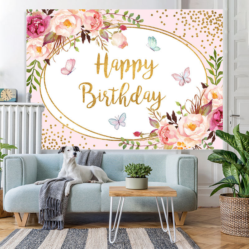 Lofaris Floral Pink and Golden Bots Happy Birthday Backdrop
