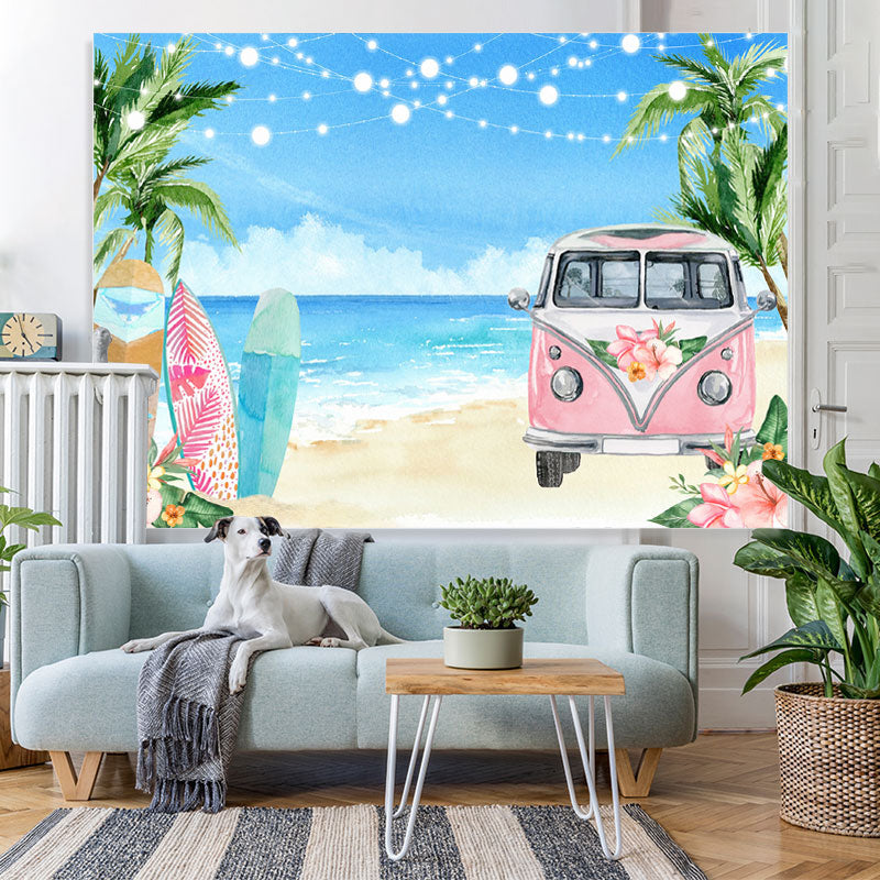Lofaris Floral Pink Bus Beach Vacation Summer Party Backdrop