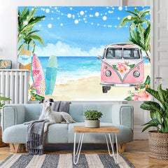 Lofaris Floral Pink Bus Beach Vacation Summer Party Backdrop