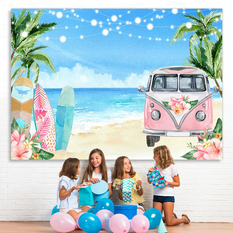 Lofaris Floral Pink Bus Beach Vacation Summer Party Backdrop