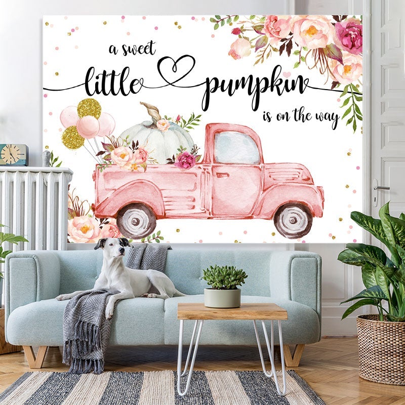 Lofaris Floral pink car with pumpkin baby shower Backdrop