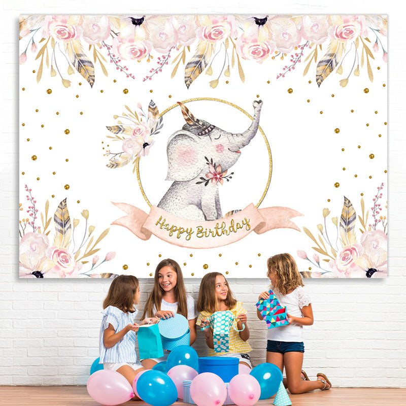 Lofaris Floral Pink Elepant Gold Glitter Backdrop for Birthday