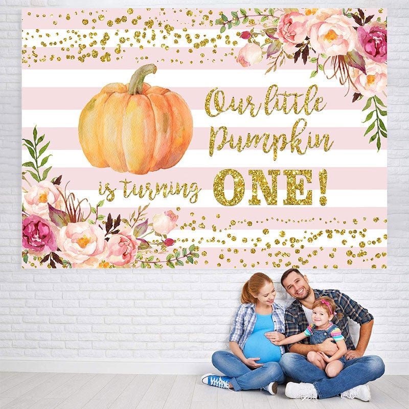 Lofaris Floral Pumpkin Pink Stripe Baby Shower Backdrop for Party