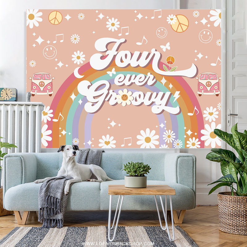 Lofaris Floral Rainbow Four Ever Growy Birthday Backdrop