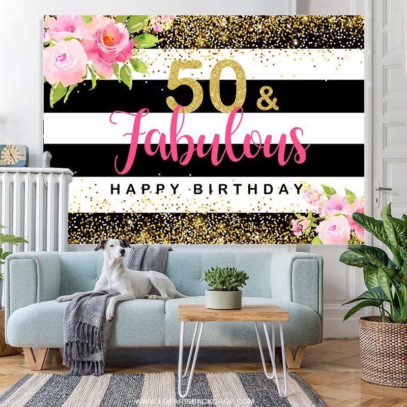 Lofaris Floral Stripes 50 And Fabulous Happy Birthday Backdrop