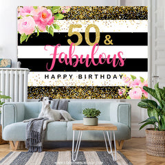 Lofaris Floral Stripes 50 And Fabulous Happy Birthday Backdrop