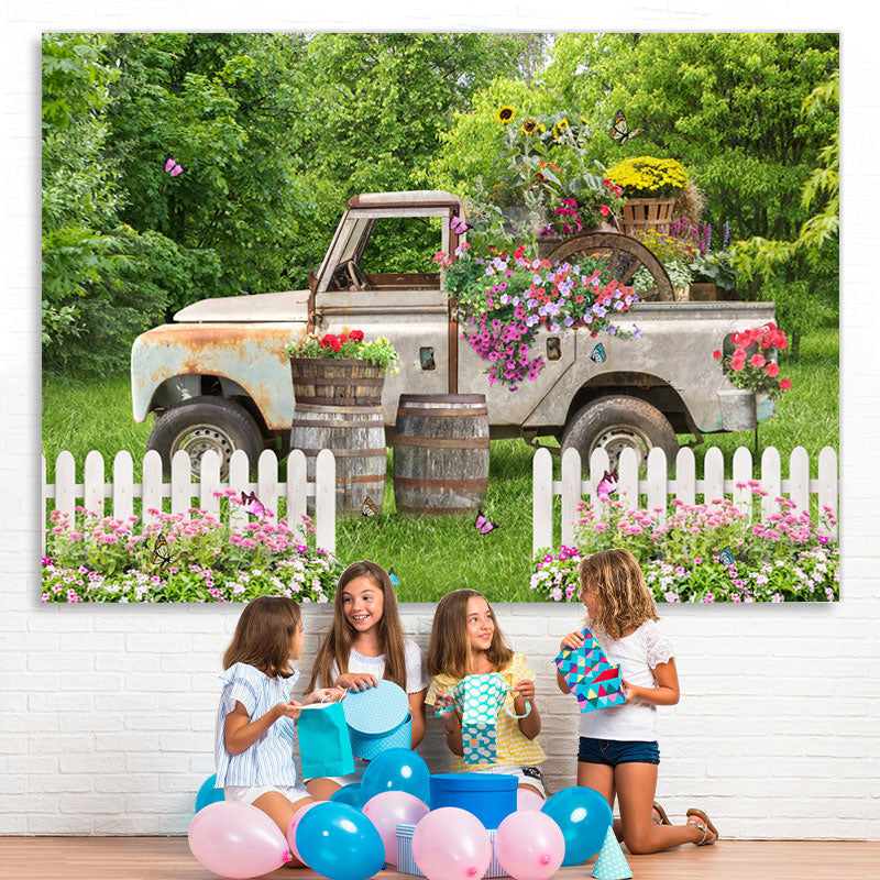 Lofaris Floral Truck In A Green Garden With Butterfly Backdrop