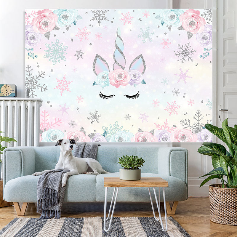 Lofaris Floral Unicorn with Snowflakes Baby Shower Backdrop