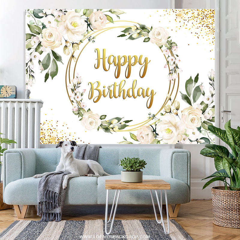 Lofaris Floral With Golden Circle Dots Happy Birthday Backdrop