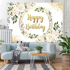 Lofaris Floral With Golden Circle Dots Happy Birthday Backdrop
