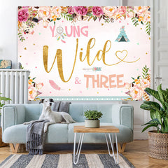 Lofaris Floral Young Wild three Happy 3rd Birthday Backdrop