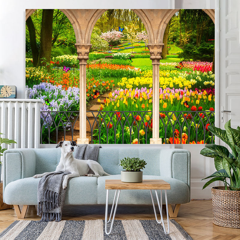 Lofaris Flower And Green Grass Garden Butterfly Spring Backdrop