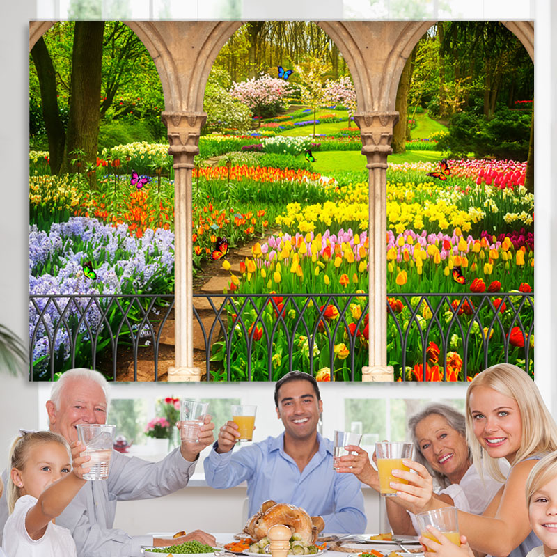 Lofaris Flower And Green Grass Garden Butterfly Spring Backdrop