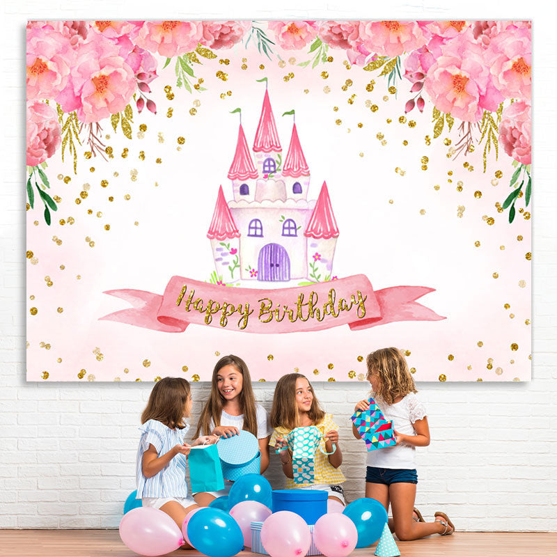 Lofaris Flower Pink House Happy Birthday Backdrop for Girl