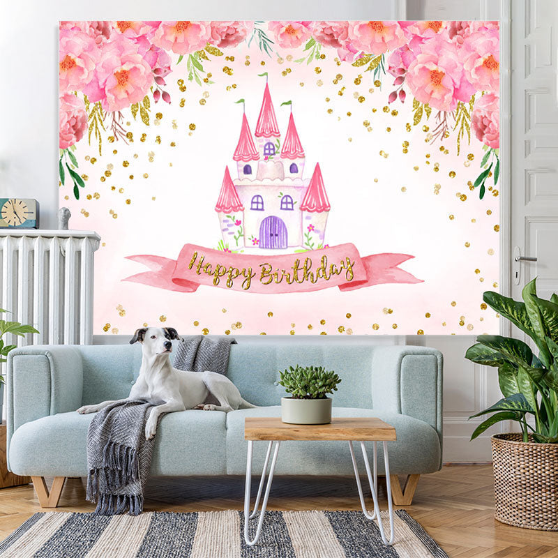 Lofaris Flower Pink House Happy Birthday Backdrop for Girl