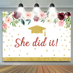 Lofaris Flowers And Glitter Golden She Did It Grad Backdrop