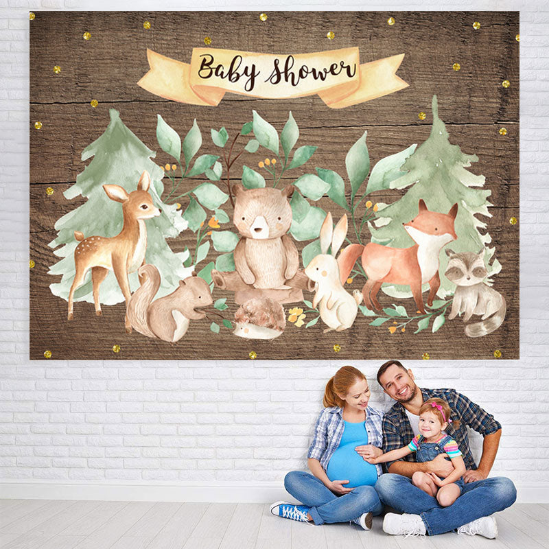 Lofaris Forest Animal Wooden Gold Glitter Backdrop for Baby Shower