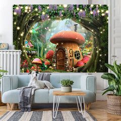 Lofaris Forest Flower Mushroom House Happy Birthday Backdrop