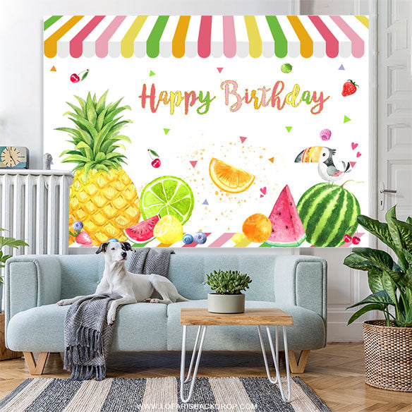 Lofaris Fruits Shop Parrot Happy Birthday Backdrop Decoration