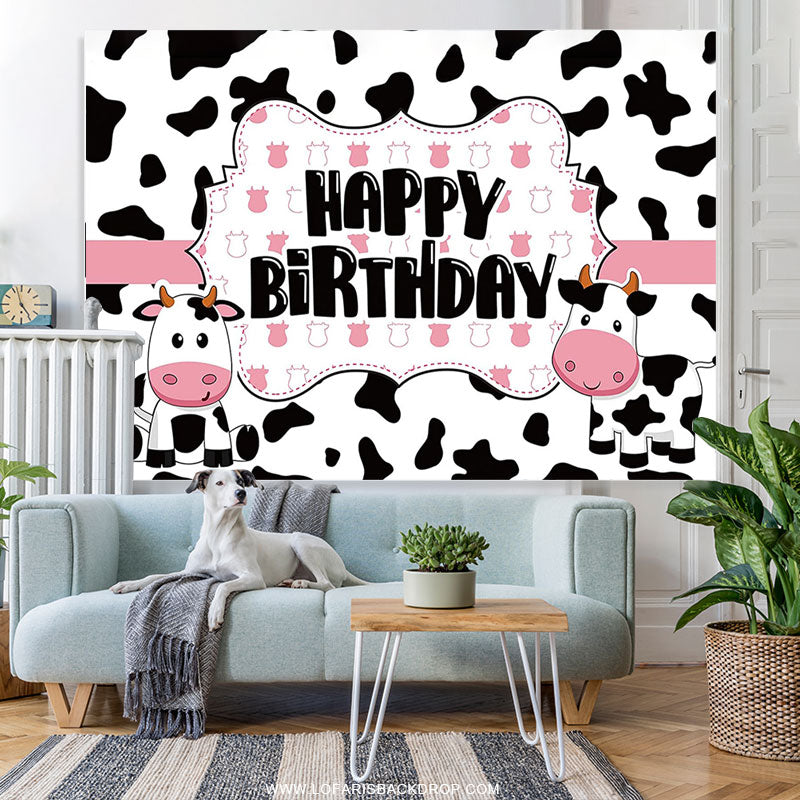 Lofaris Funny Cow Farm Animal Pink Happy Birthday Backdrop
