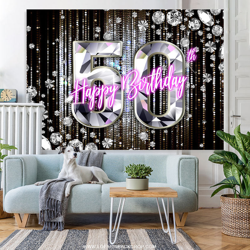 Lofaris Glitter 50th Diamonds Black Bokeh Birthday Backdrop