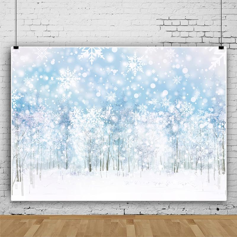 Lofaris Glitter And Blue Snowflakes White Woods Backdrop for Winter