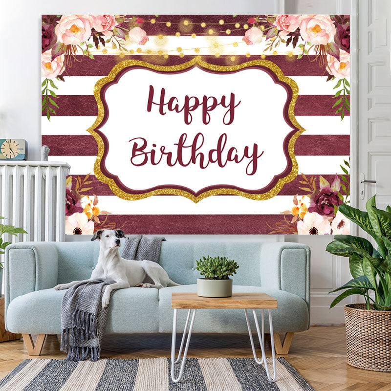 Lofaris Glitter And Floral Happy Birthday Backdrop With Stripes