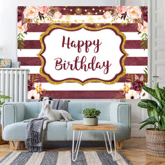 Lofaris Glitter And Floral Happy Birthday Backdrop With Stripes