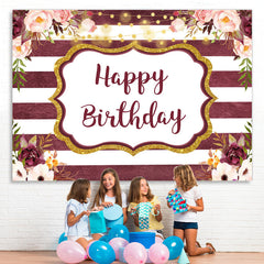 Lofaris Glitter And Floral Happy Birthday Backdrop With Stripes