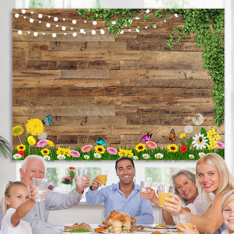 Lofaris Glitter And Floral Wooden Happy Day Spring Backdrop