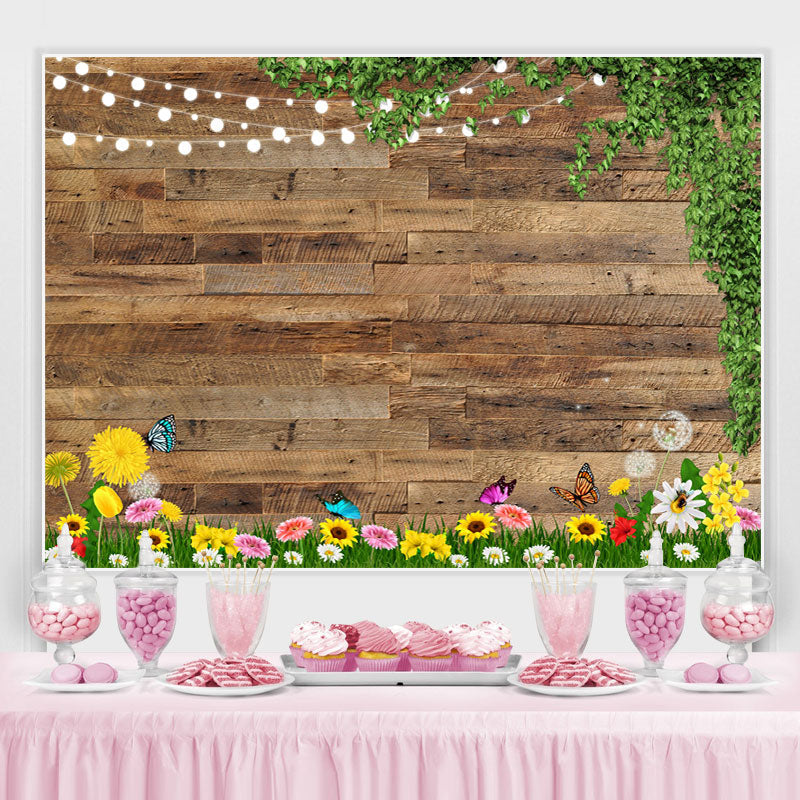 Lofaris Glitter And Floral Wooden Happy Day Spring Backdrop
