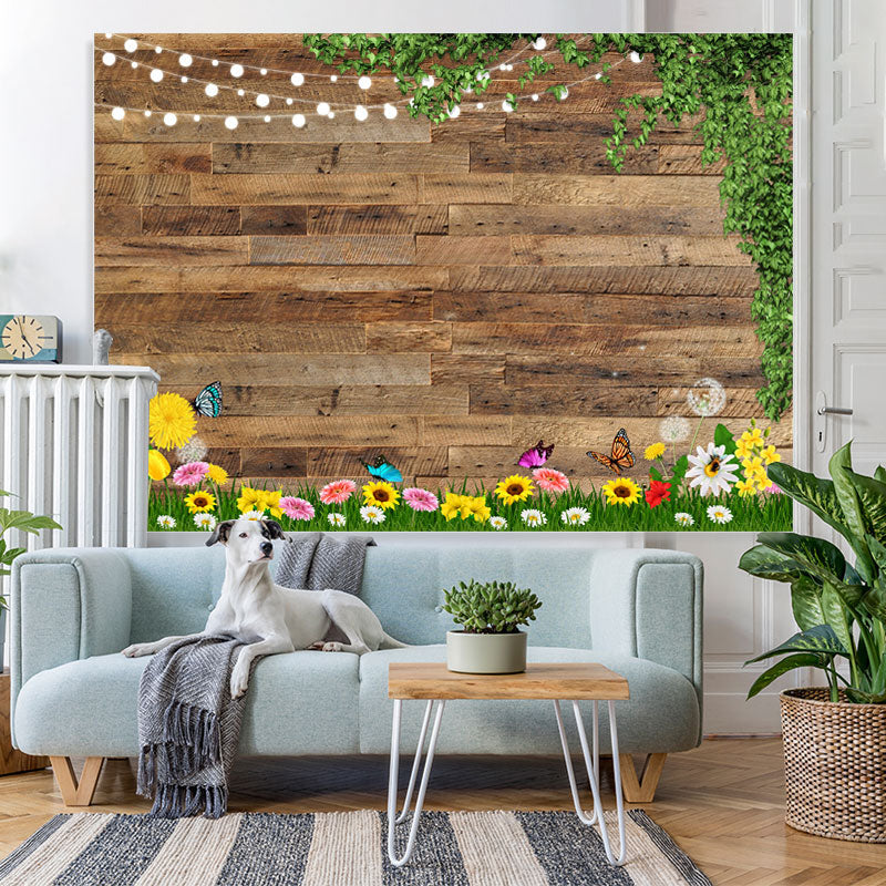 Lofaris Glitter And Floral Wooden Happy Day Spring Backdrop