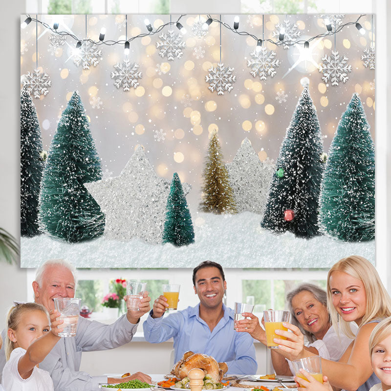 Lofaris Glitter And Snowy Tree With Silver Star Winter Backdrop