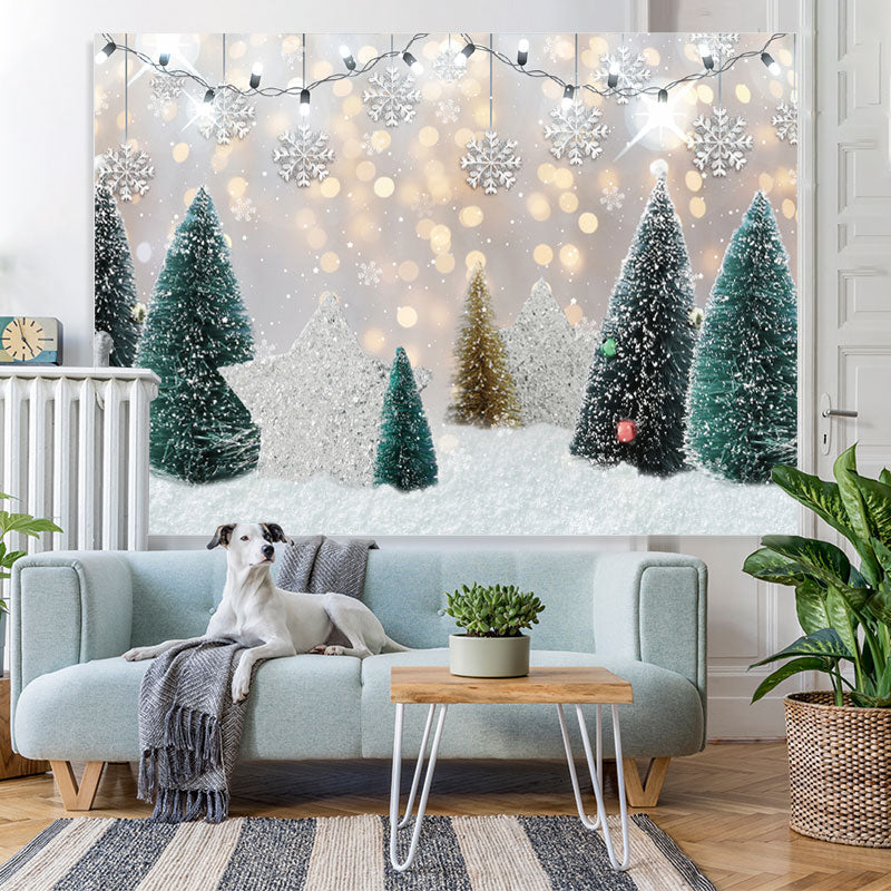 Lofaris Glitter And Snowy Tree With Silver Star Winter Backdrop