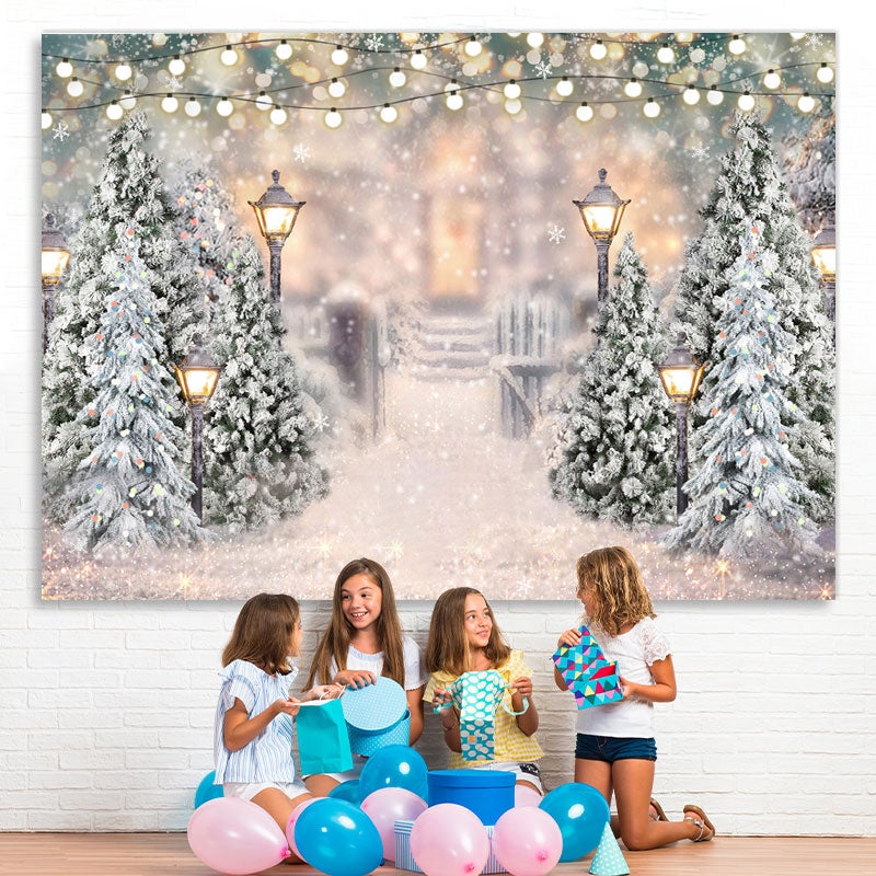 Lofaris Glitter And Snowy World With Street Lamp Winter Backdrop