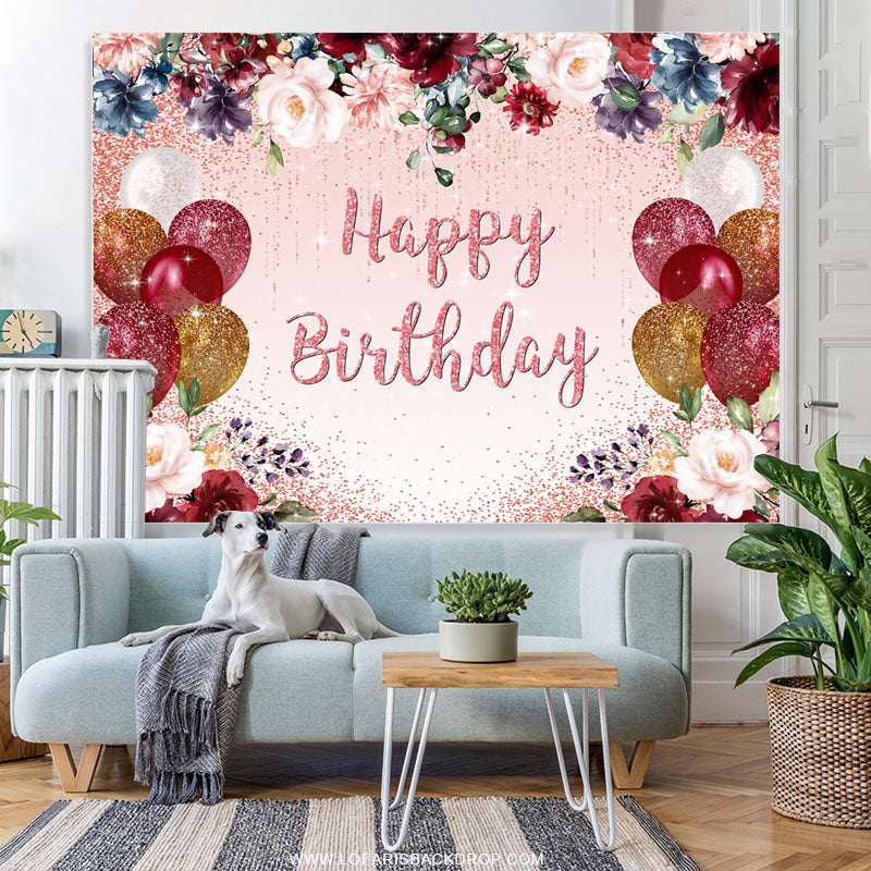 Lofaris Glitter Balloons And Floral Happy Birthday Backdrop