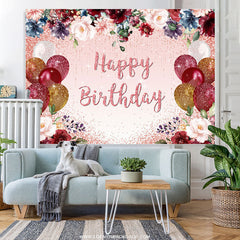 Lofaris Glitter Balloons And Floral Happy Birthday Backdrop