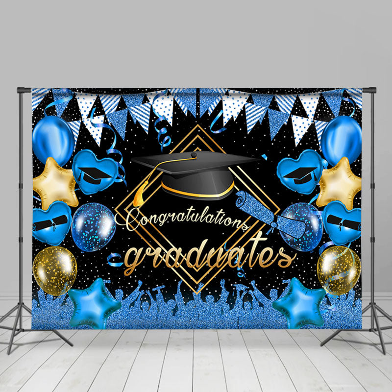 Lofaris Glitter Blue And Golden Balloon Flag Graduates Backdrop